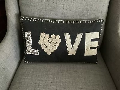 £5 • Buy Charcoal Grey Wool LOVE Hand Embroidered Cushion