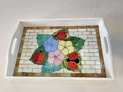 Wooden Glass Mosaic Floral Ladybug Tray • $45