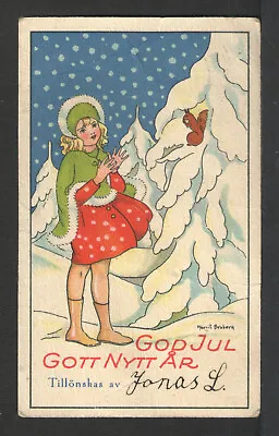 Signed Margit Broberg 1939 Swedish Miniature Postcard Girl Squirrel In Snow • $9.99