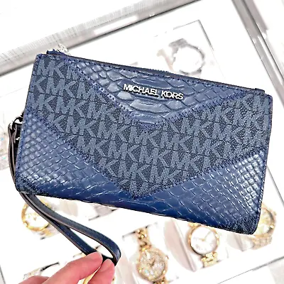 Michael Kors Jet Set Travel Double Zip Wristlet MK Logo Wallet Navy Blue Multi • $59.95