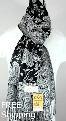 DG Pashmina Scarf ShawlSilk Cashmere Paisley Black White Soft*Trendy • $12.99