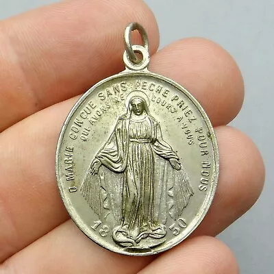 French Antique Religious Large Pendant. Saint Virgin Mary. Miraculous Medal. • $69.99