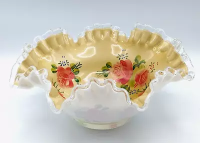 Vintage Fenton Cased Glass Hand Painted Bridal Basket Red Roses White Crest • $50