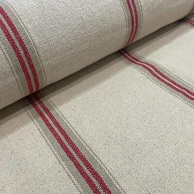 Donan Double Stripe Red 100% French Cotton Grain Sack Upholstery Curtain Fabric • £1.99