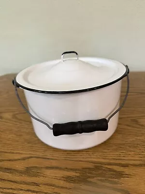 VTG White W/Black Trim Porcelain Enamel Bucket Pail  Black Wooden Handle ~ 4 QT. • $22.99