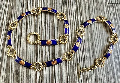 Vintage 1970's GUCCI GG Couture Blue & Gold Enameled Chain Belt Necklace • $375