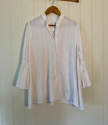 $74 • Buy Scanlan Theodore White Linen Blouse Size 12 Button Up Top Fluted Sleeve Shirt