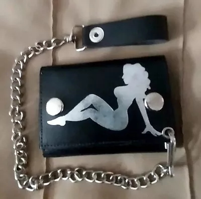 TriFold Black Leather Wallet W/Chain And Sexy Trucker Girl • $11.99