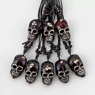 12Pcs Drak Brown Faux Yak Bone Halloween Gothic 3D Skull Head Pendant Necklace • $14.99