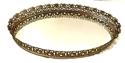 Filigree Gold Metal Vanity Dresser Perfume Oval  Mirror Tray Footed 8x13x1.5 Vtg • $21.95