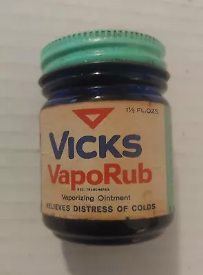 Vintage Vicks VapoRub Cobalt Blue Bottle Green W/ Metal Lid  • $5