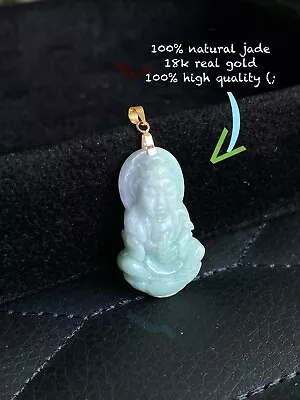 Real 18K Gold Quan/Kwan Yin Buddha Natural Green Mix White Blue Jade Pendant 1” • $65