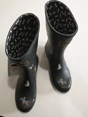 SALE Joules Mid Rain Boots Molly Wellingtons Black Dogs 10 Terriers Spaniels NWT • $53.99