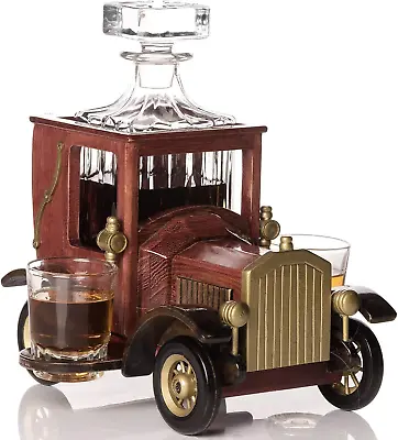 Whiskey Decanter Set With Glasses And Old Fashioned Vintage Car Stand NEW • $141.99