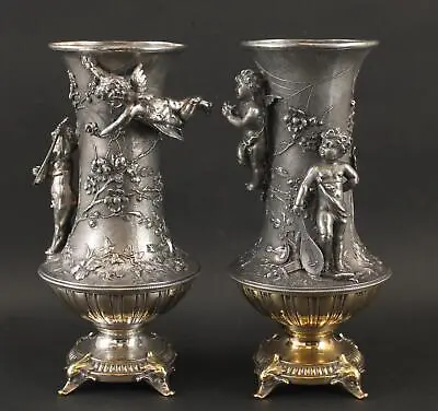 $207.50 • Buy Pair Antique Victorian K & Co Silver Plate Mantle Vases W/ Winged Cherubs, NR