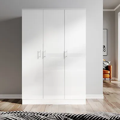 3 Door Triple Wardrobe White Gloss With Hanging Rail & Shelves Bedroom Furniture • £220.98