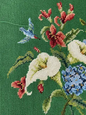 Vtg Almost Finished Needlepoint HUMMINGBIRD Pillow Chair Seat Cover Green Floral • $59.99