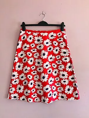 LAURA ASHLEY Size 12 Red White Black Daisy Print Linen Cotton Knee Length Skirt • £4.20