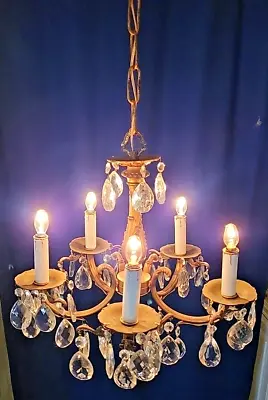 Vintage 5 Arm Light Petite French Victorian Brass Lead Crystal Chandelier • $350