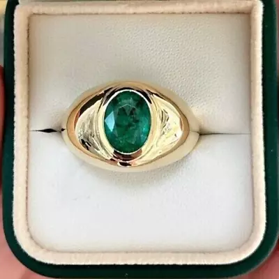 Chunky Men's Solitaire Ring Lab Created Emerald 2.10 Ct Oval Cut 14k Yellow Gold • $1081.07