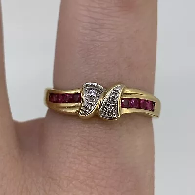 Ruby & Diamond Channel Set Ring 9ct 9K Yellow Gold - Size P • £125