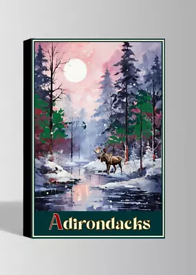 Adirondack Moose Winter Scene Travel Poster Large 16x24 Wilderness Moose Prints • $20.95