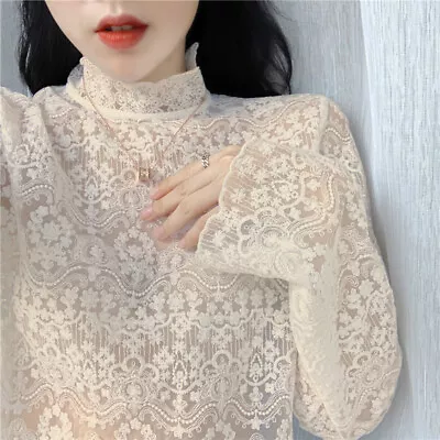 Womens Stand Collar Floral Lace Long Sleeves T-shirt Fashion Casual Tops Blouses • £24