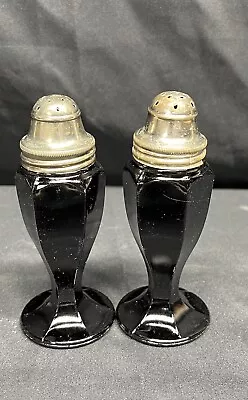 Vintage Black Depression Glass Salt And Pepper Shakers Metal Top Cracked SEE PIC • $15.99