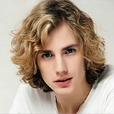 New Wigs For Men Long Curly Wave Blond Heat Resitstant Synthetic Side Bang Hair • $17.99