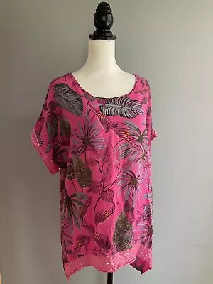 Made In Italy First Avenue Pink Leaf Pattern Lagenlook Short Sleeve Tunic M/L • £2.99