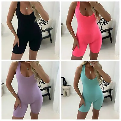 Ladies All In One Ribbed Playsuit Mini Unitard Bodysuit Muscle Vest Style • £10.90