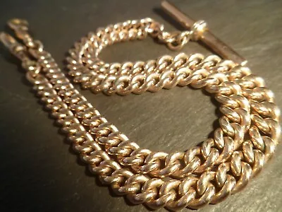 Antique 9ct Rose Rolled Gold Double Albert Pocket Watch Chain T-Bar Necklace • £139