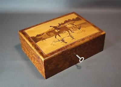 $399.99 • Buy 1890's Wooden Marquetry Inlay Jewellery Box Casket Equestrian Hunting Dogs Horse