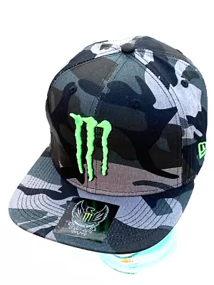 Monster Energy Beige/Black/Deep Blue Green Camo Flat Brim Trucker Cap. 3 Logos. • $32