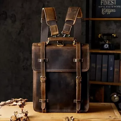 Men's Retro Crazy Horse Leather Backpack Multifunctional Top Layer Cowhide • $194.95