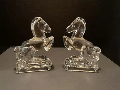 L.E. Smith Rearing Horse Bookends Pair Set Clear Glass Art Deco Vintage • $26.50