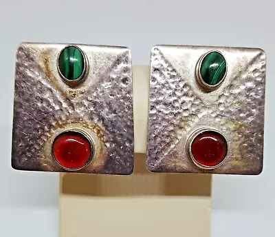 Vintage Carsi Taxco Sterling Silver Malachite Carnelian Clip Earrings ~ 1.25  • $25