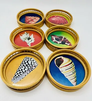 Vintage 6 Piece 70's Bamboo Coaster Set Colorful Sea Shells Beach Drinks • $10