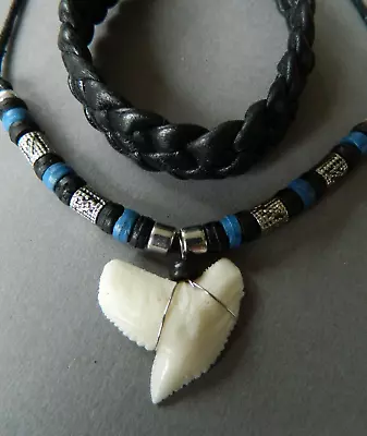 Necklace Shark Tooth Replica  Tiger Sharks Teeth Leather Bracelet Set Mens Boys • £9.99