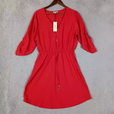 MPH Collection Dress Women's XL Red Drawstring Waist Roll-Tab Sleeve V-Neck NWT • $21.99