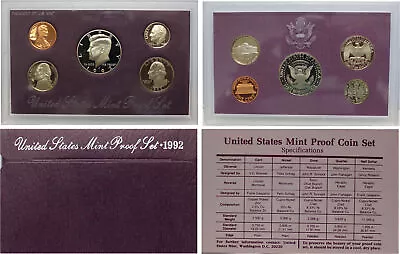 1992 Proof Set CN-Clad Kennedy Half Dollar Washington - (OGP) 5 Coins (B3) • $5