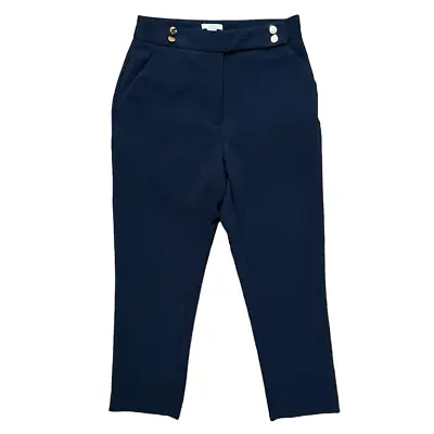 NEW H&M High Rise Tapered Leg Trouser Pants In Navy Blue Gold Buttons WOMEN'S 8 • $25.95