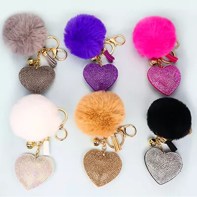 9 Colors Heart Plush Ball Keychain Rhinestone Bag Pendant Key Rings Key Chain • $3.34