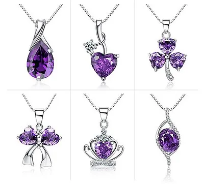$9.98 • Buy Sterling Silver Necklace Chain Amethyst Crystal Heart Purple Pendant Gift Box