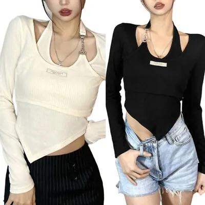 Fashion Womens T-shirt Long Sleeve Halter Neck Solid Bodycon Ladies Crop Top • £9.47
