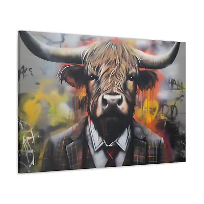 Highland Cow Graffiti Suit Canvas Abstract Gangster Cow Print Wall Art Decor • £15.99