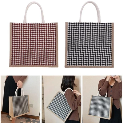 Beach Shopping Shoulder Tote Bag Grid Linen Handbags Women Crossbody Jute Retro • $8.05