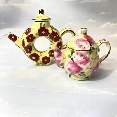 Miniature Tea Pots Ceramic Porcelain Floral Glaze Lot Of 2 • $11.98