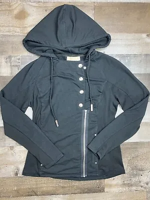 Michael Kors Womens Sport Jacket Black Stretch Logo Zipper Button Sz Large Soft • $24.95