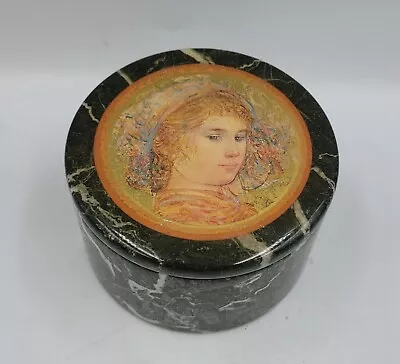 Vintage Edna Hibel Round Black Marble White Vein Lidded Trinket Box Gift Box • $16.15